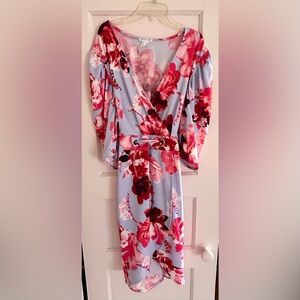 VENUS Blue and Red Floral Wrap Dress | Size 1X | Tie Waist “Belt”